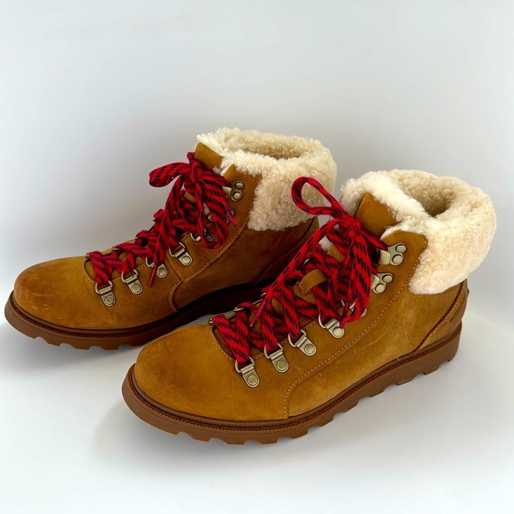Sorel Ainsley Conquest Brown Lace Up Leather & Shearling Ankle Boots 9 M - Picture 2 of 13